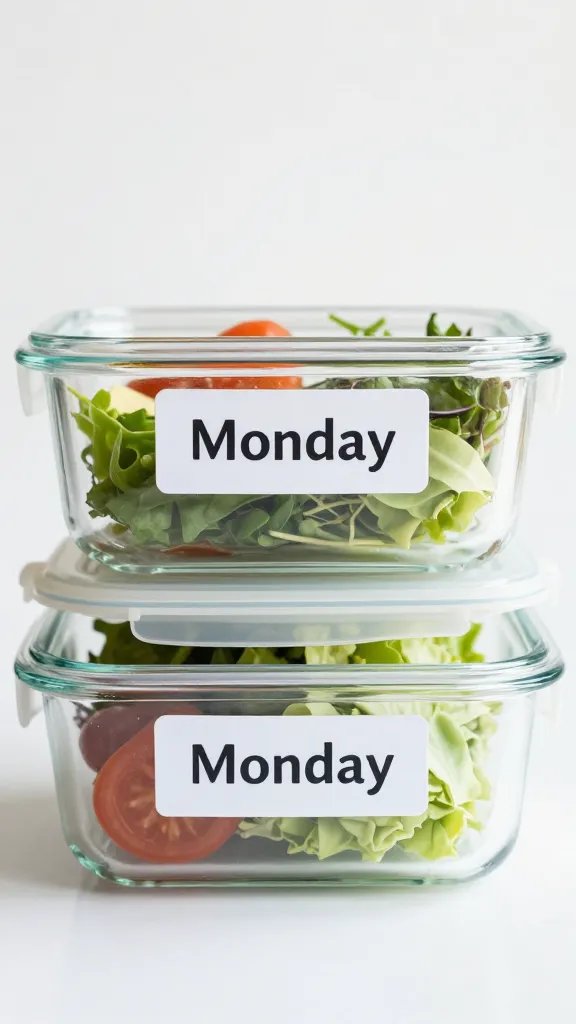 salad in glass meal-prep container, neatly labeled “Monday”