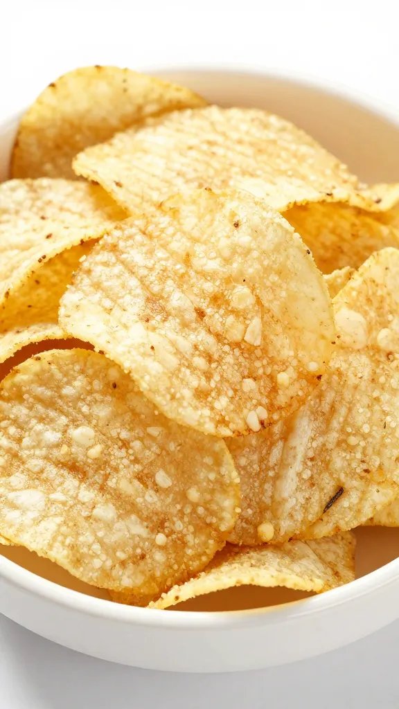 single open potato chip bag, one chip poised at edge