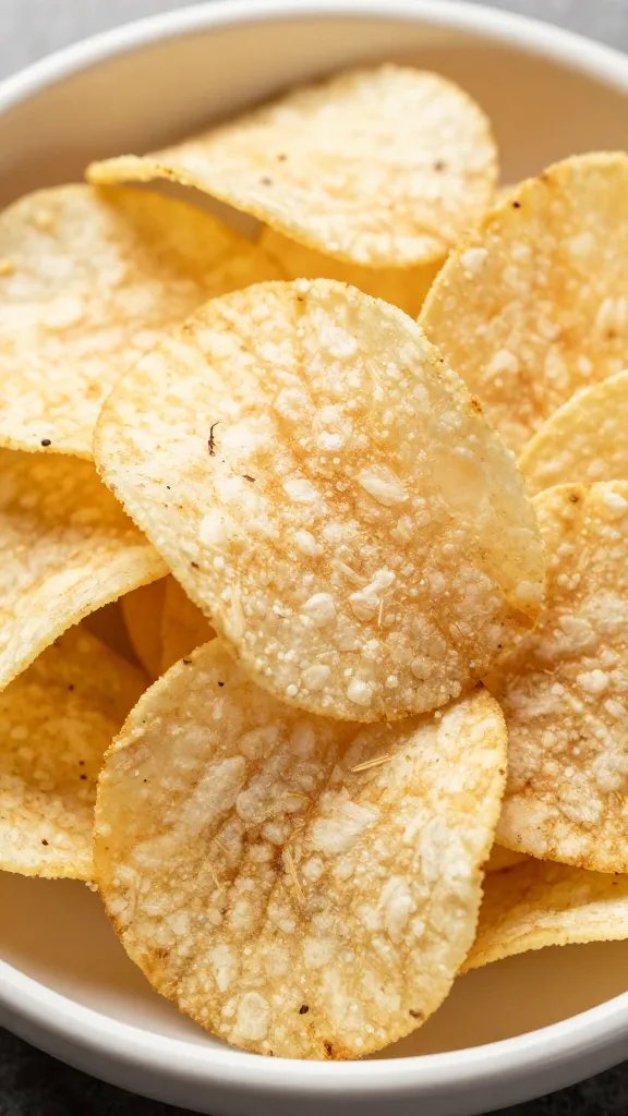 single open potato chip bag, one chip poised at rim