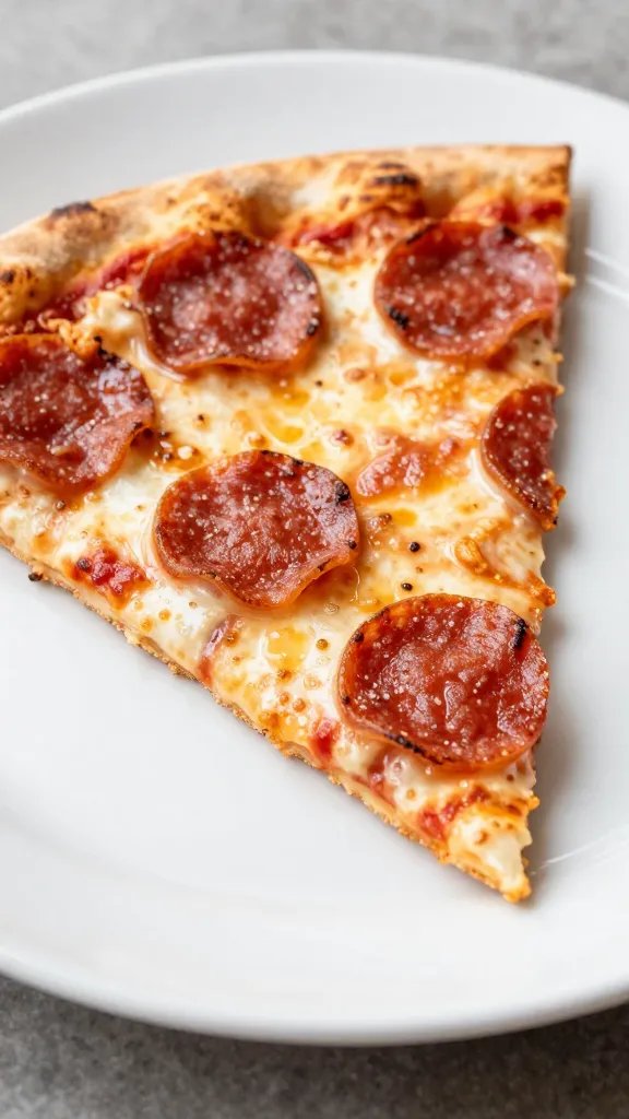 closeup slice of pepperoni pizza on white ceramic plate
