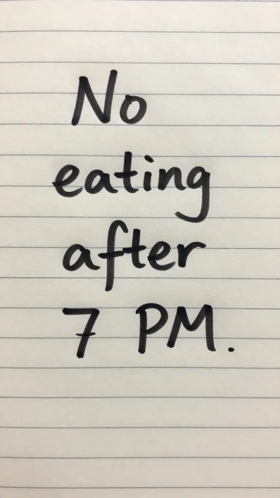 handwritten “No eating after 7 PM” note on lined paper