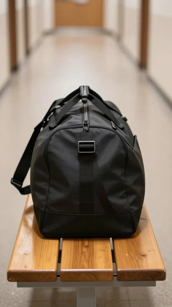 closeup of a lone gym bag on a hallway bench