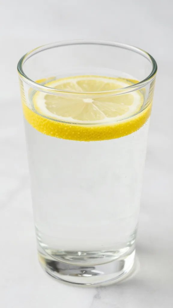 clear glass of water with lemon slice, closeup on marble