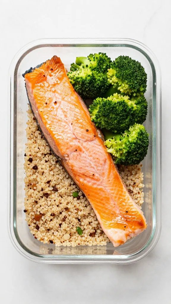 single meal-prep container of salmon, quinoa, broccoli, overhead