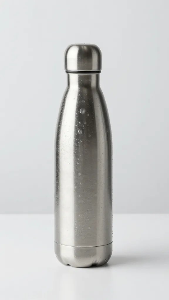 stainless steel water bottle with condensation on white desk