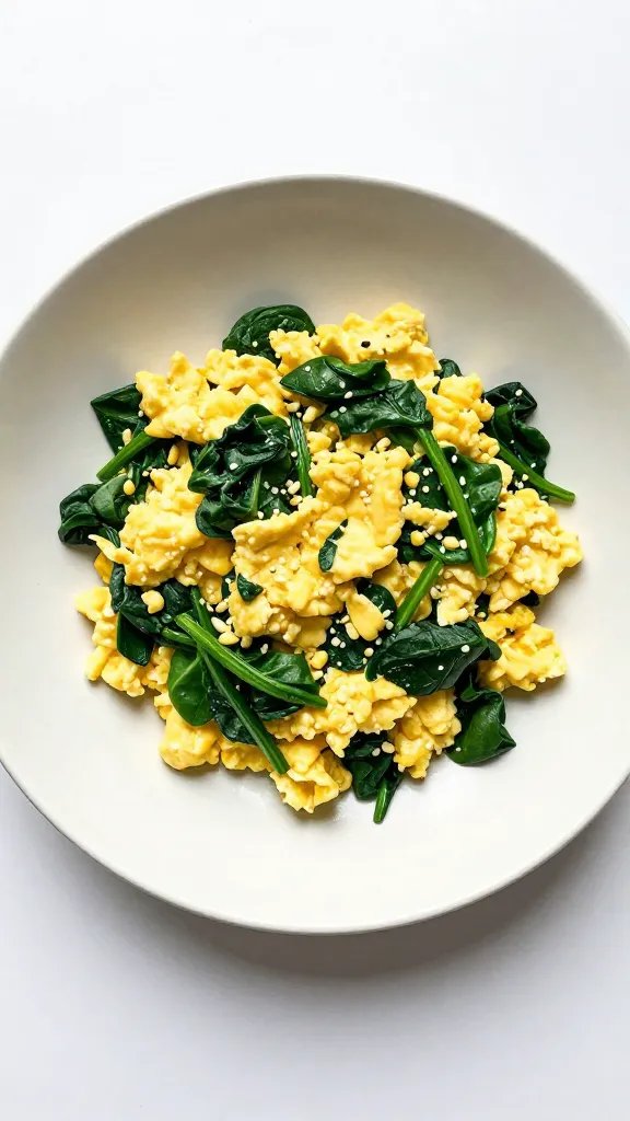 single bowl of scrambled eggs with spinach on matte plate