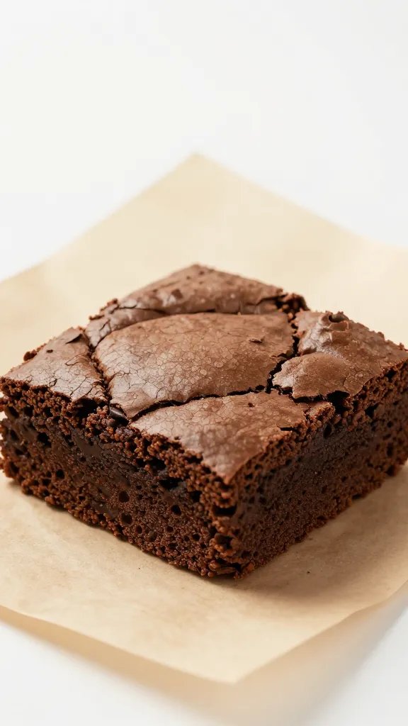 closeup of a single brownie on parchment, studio lighting