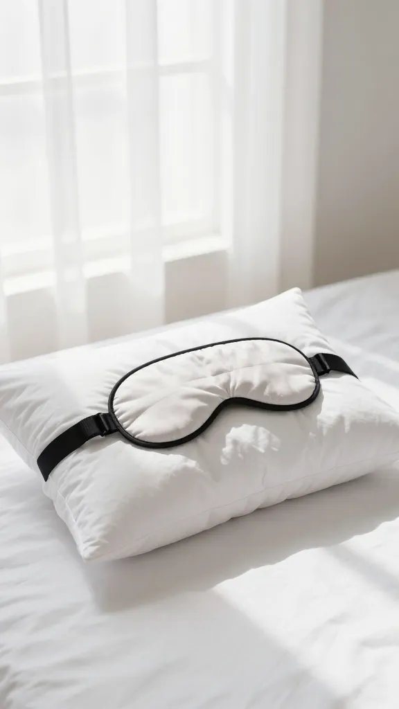 white pillow with sleep mask, soft morning window light