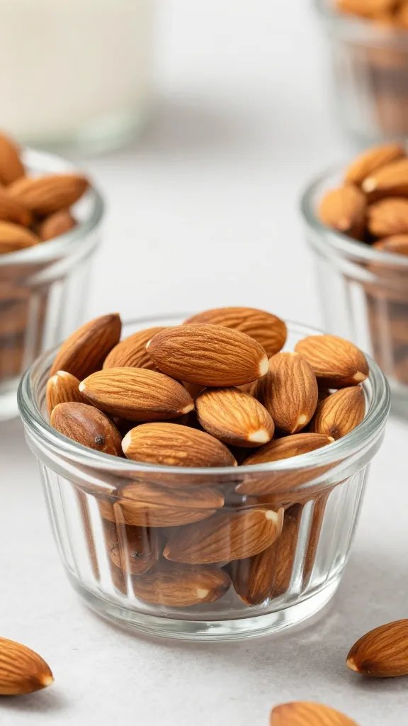 pre-portioned almonds in clear ramekin, closeup on counter