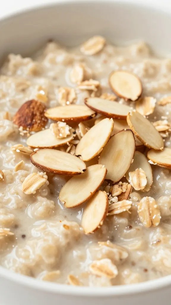 closeup bowl of oatmeal topped with sliced almonds