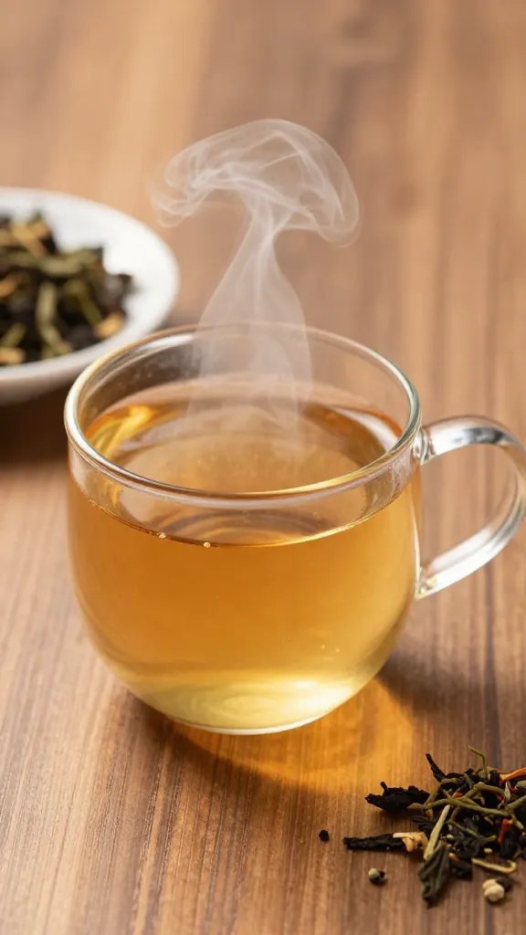 steaming mug of herbal tea on a wooden desk