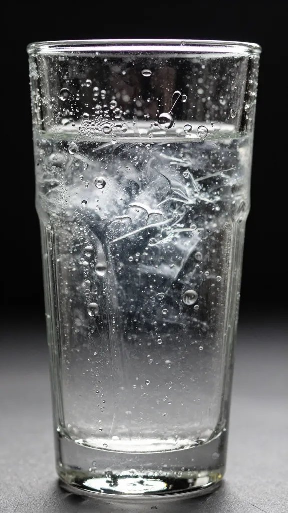 closeup of 12-ounce water glass with condensation, backlit