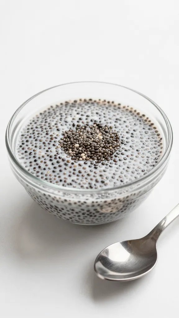small clear bowl of chia pudding, spoon beside, macro