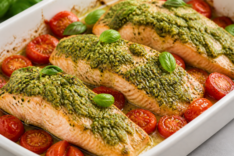 Baked Pesto Salmon With Tomatoes – Simple, Fresh, and Full of Flavor