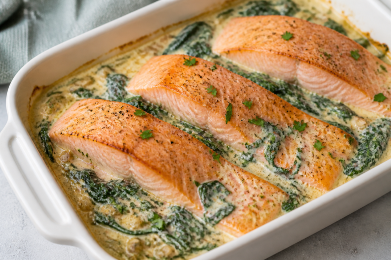 Creamy Spinach Salmon Bake – A Cozy, Flavor-Packed Dinner