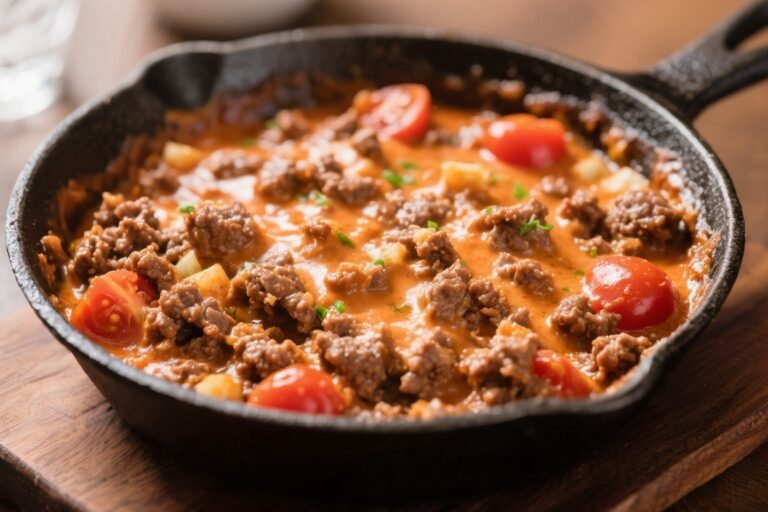 Creamy Tomato Ground Beef Skillet – A Cozy, One-Pan Weeknight Dinner